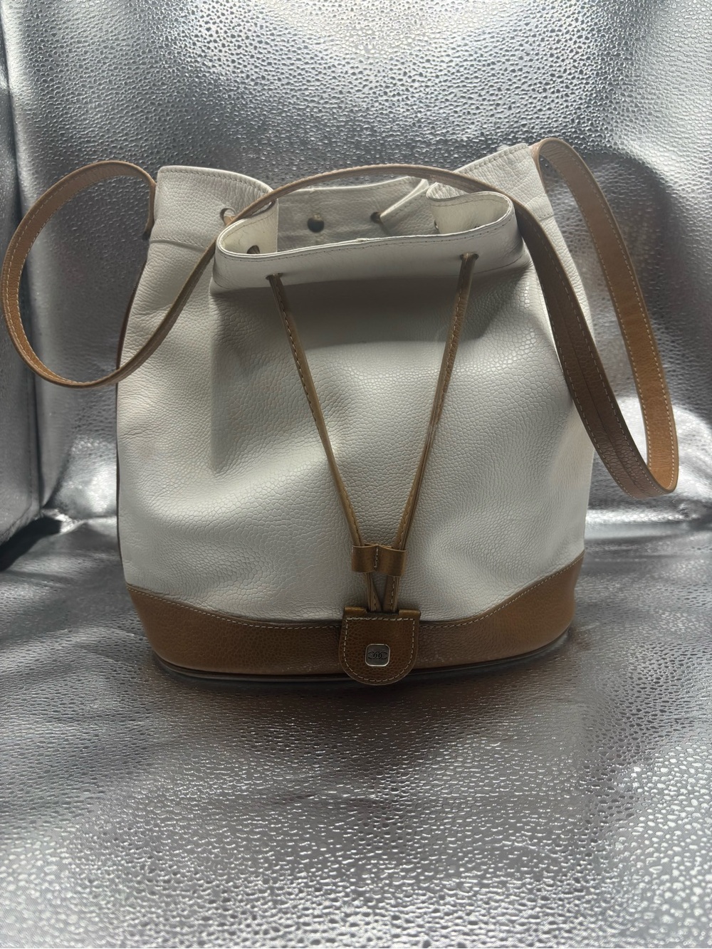 White and Tan Leather Drawstring Shoulder bucket Bag